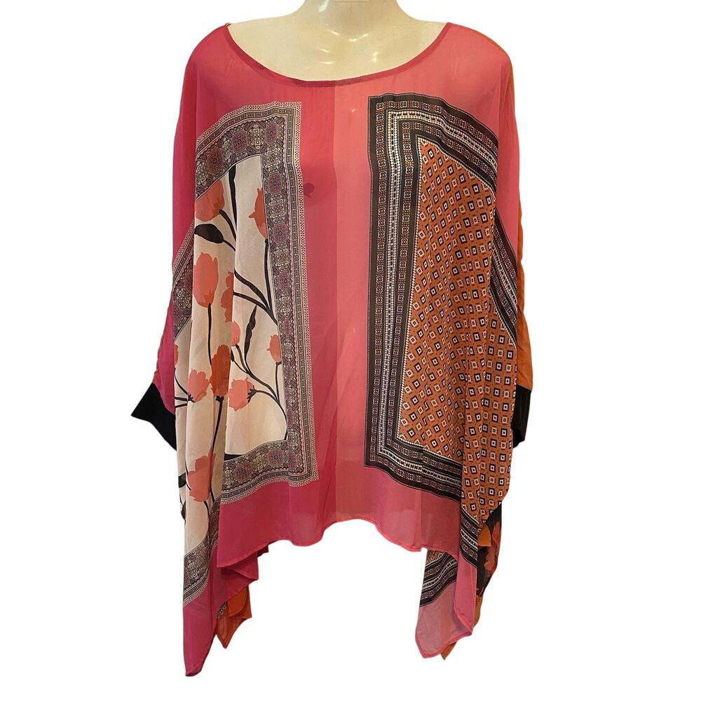 Y2K IMAN GlobalChic Kimono Top Floral MixMedia Sheer Beach Coastal Tropical 1X